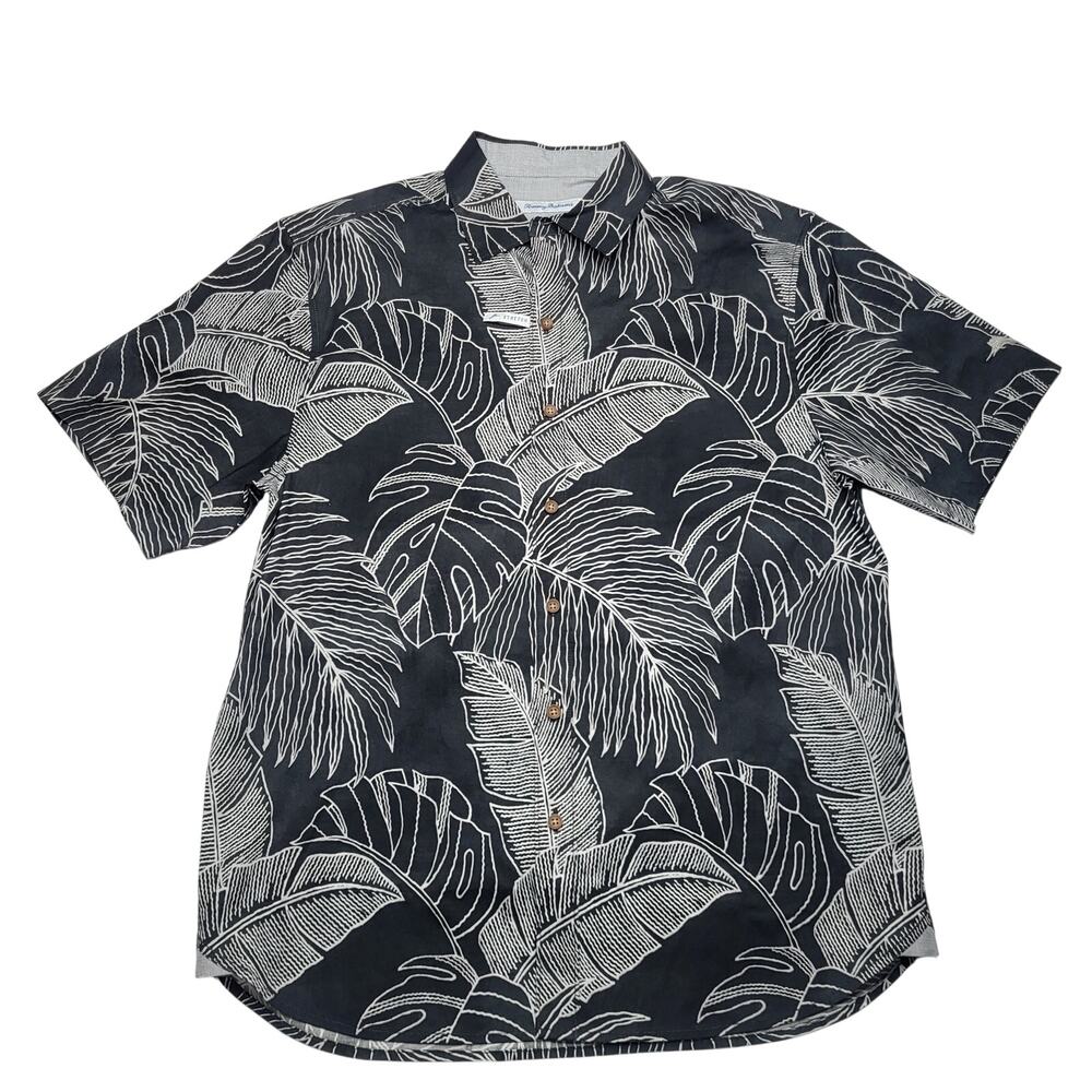 Tommy Bahama Button Down Camp Shirt Black White Tropical Leaves Stretch Medium